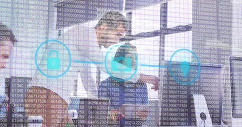 Tech team responding to numeric code by pointing at security icons showing Video stock 314662231