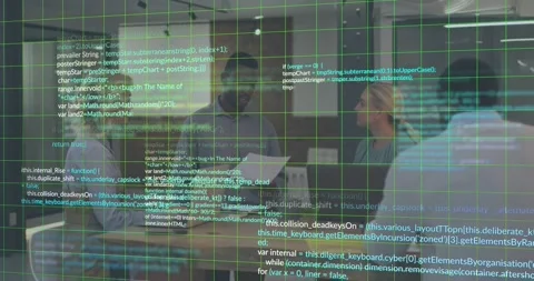 Tech team reviewing document in meeting while digital grid emerging and Stock Footage 318093045