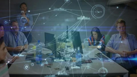 Tech team sitting at table projector turning on and data overlay growing across Stock Footage 331712686