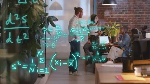 Tech team solving problem by glass partition, tablet causing 3D formulas Stock Footage 333336671