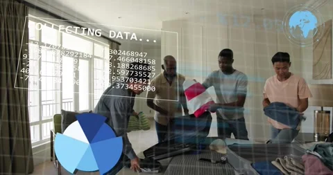 Tech team sorting clothes packing suitcase overlay shifting to COLLECTING DATA, Stock Footage 317716276