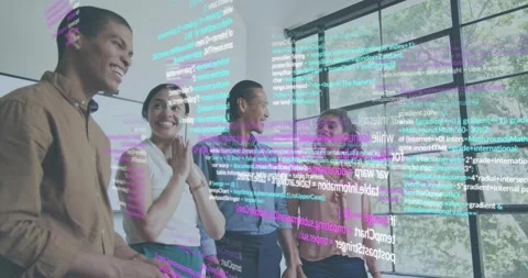 Tech team standing by window watching drifting code and celebrating win Stock Footage 317330153