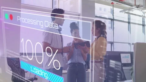 Tech team by tablet, woman tapping initiating AR processing progressing 0-100% Stock Footage 333154566