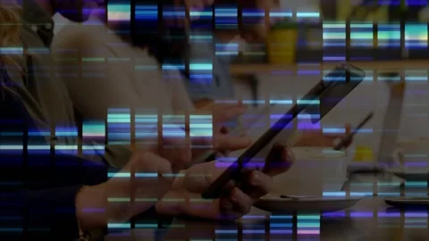 Tech team tapping, angling devices for work while camera zooming, showing glitch Stock Footage 331276177