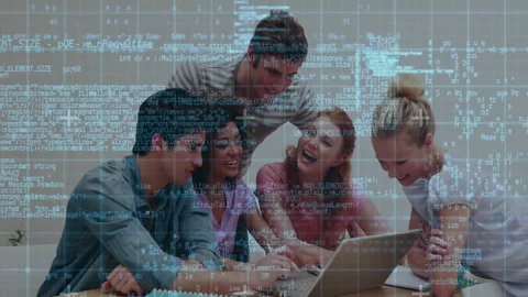 Tech team typing code on laptop, updating animated overlay, pointing lines and Stock Footage 312380784