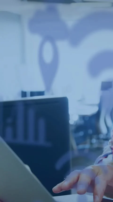 Tech team typing on laptop, pressing keys, launching cloud, pin, Wi-Fi, chart on Stock Footage 331215390