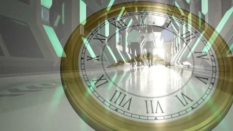 Tech team walking to bright exit on reflective floor, camera starting low, clock Stock Footage 334185394
