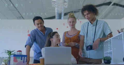 Tech team working laptop, symbols floating code scrolling namespace emerging Stock Footage 317260759