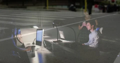 Tech team working, typing and checking laptop while double-exposure pedestrians Stock Footage 332296534