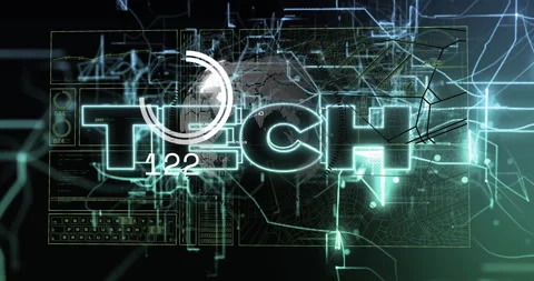 TECH text animation over digital circuit and network graphics Stock Footage 305431714