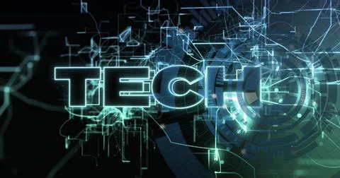 TECH text with glowing lines and circuits, futuristic digital image Stock Photos