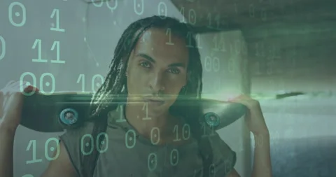 Tech-themed binary code scrolling, revealing skateboarder holding deck within Stock Footage 314183125