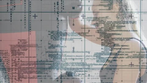 Tech touching sleeve, adjusting robot head, checking fit while grid and code Stock Footage 323385517