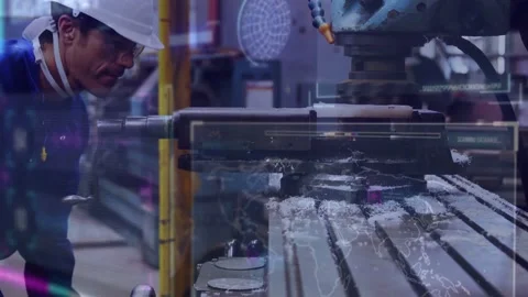 Tech tuning levers starting spindle and milling in factory for accuracy while UI Stock Footage 333298328