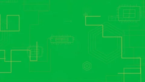 Tech UI building on transparent HUD cyan scan sweeping linking orange disks with Stock Footage 333972284