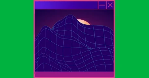 Tech UI showcasing neon pink window featuring blue wire grid hidden sun on Stock Footage 317479607