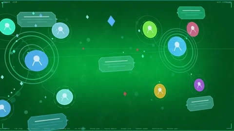 Tech UI showing hubs, hub sending teal line panel pulsing chat bubbles syncing Stock Footage 333907651