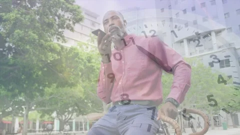 Tech user calling on smartphone in plaza while clock rotating and cosmic overlay Stock Footage 319783728