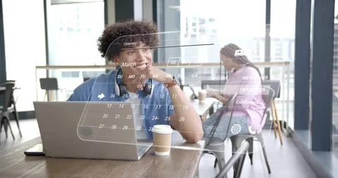 Tech user entering cafe opening laptop projecting calendar highlighting week, Stockbeeldmateriaal 318607356