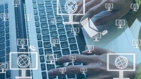 Tech user typing on laptop keyboard sending mail and growing globe and mail Stock Footage 335316709