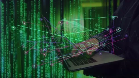 Tech user typing on laptop, tapping keys and driving holo network and numeric Stock Footage 332704674