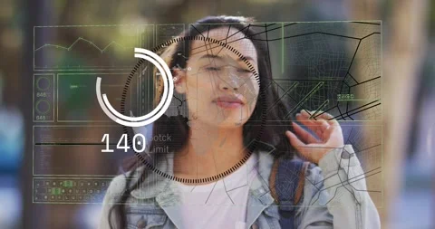 Tech user walking while AR UI fading in showing map pulsing gauge tracking live Vídeos de archivo 329310903