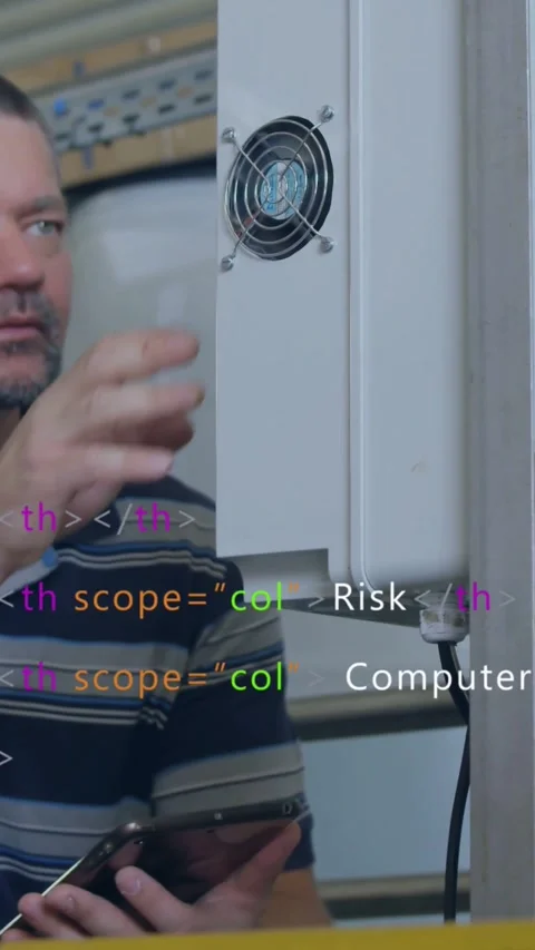 Tech using phone and checking fan grille screws to fix, security keywords Stock Footage 333836236