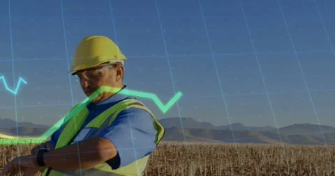 Tech walking in left, checking watch while animated graphs reacting to watch tap Stock Footage 334115622