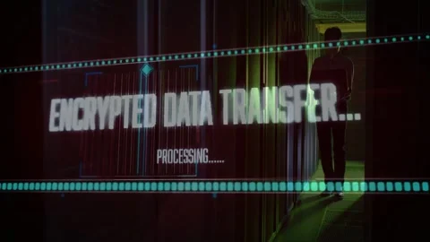 Tech walking server aisle right, holding tablet and initiating encrypted Stock Footage 332566554