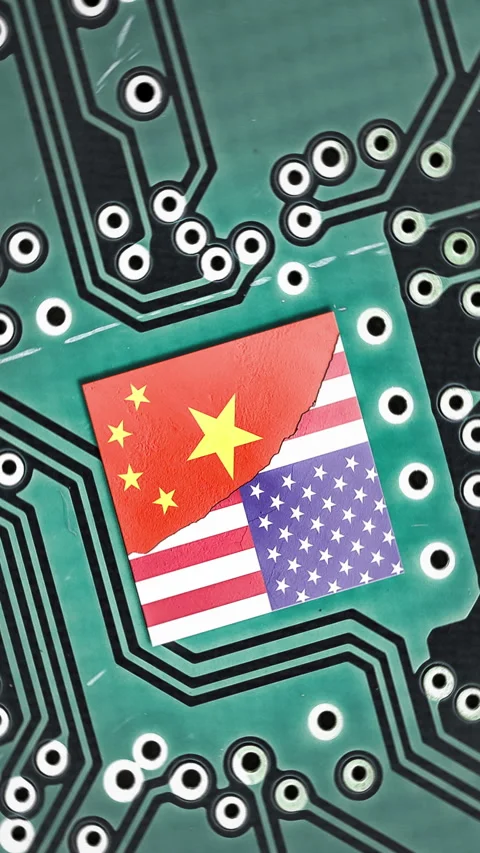 Tech war between China and the USA. Flag of USA and China on a microprocessor Stock Footage 247782417