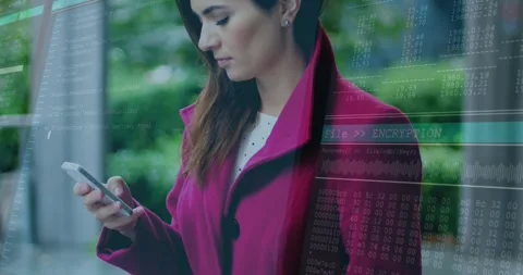 Tech woman glancing then tapping phone, opening encrypted content, overlay Stock Footage 334835523