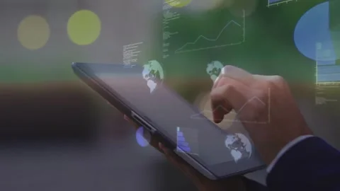 Tech woman holding tablet tapping display then swiping while charts globe code Stock-Footage 331045876