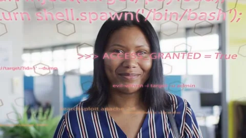 Tech woman standing, code overlaying face, smile widening, camera zooming, Stock Footage 333510066