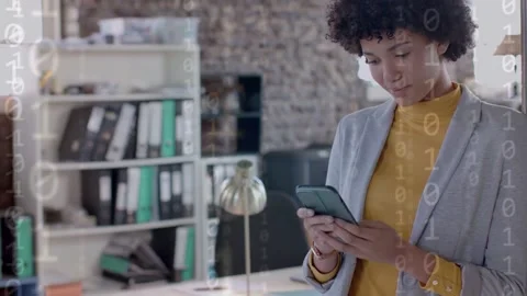 Tech woman standing at desk tapping smartphone, checking network data while Stock Footage 334728907