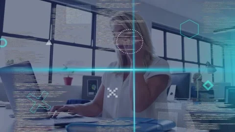 Tech woman typing laptop, code overlays sweeping face, adjusting ear, resuming Video stock 335761645