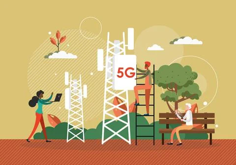 Tech worker installs 5G antenna to cellular network tower. 5G technology concept Stock Illustration