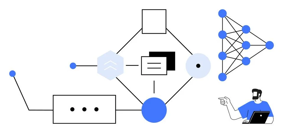 Tech Worker Interacting with Abstract Network and Data Flow Representation Stock Illustration