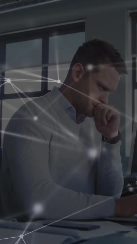 Tech worker pausing typing, resting chin and analyzing data to fix issue, Stock Footage 332381780