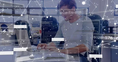 Tech worker pressing laptop keys and adding animated lines with floating nodes Stock Footage 317600448
