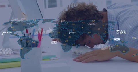 Tech worker reaching keys and initiating global data overlays while slumping Stock Footage 310317782