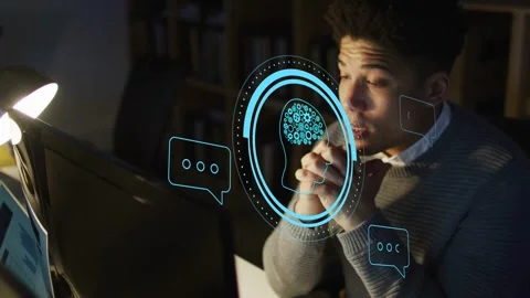 Tech worker sitting late at desk, receiving HUD chat alerts, rubbing eyes, Stock Footage 334729034