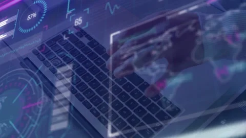 Tech worker typing laptop, key presses updating HUD gauge, % rates and map Stock Footage 334729078