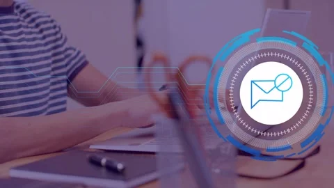 Tech worker typing at laptop while message HUD appearing pulsing sending data Stock Footage 335466148