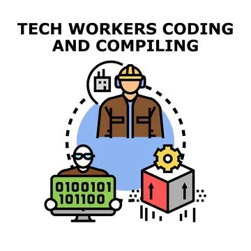 Tech workers coding and compiling software development process Illustrazione stock
