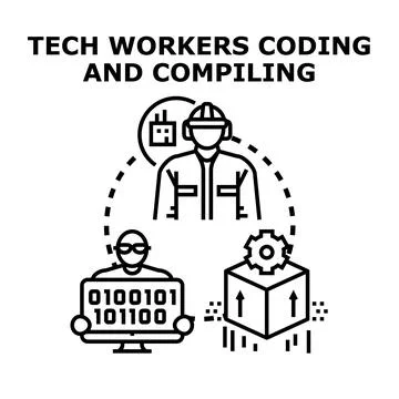 Tech workers coding and compiling software development process Illustrazione stock