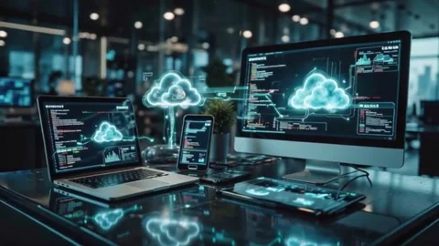 Tech workspace featuring a desktop computer, laptop, Stock Footage 344944044