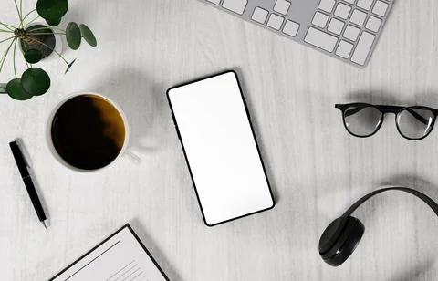 Tech Workspace Flat Lay with Smartphone and Headphones 3D Render Stock Illustration