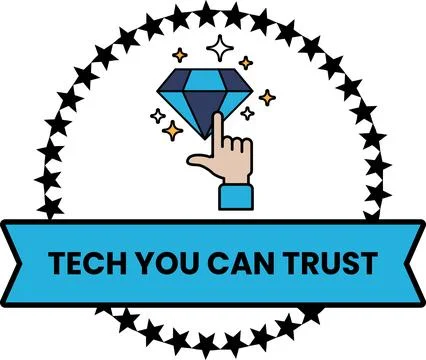 Tech you can trust is a diamond shaped logo with a hand pointing to it Stock Illustration