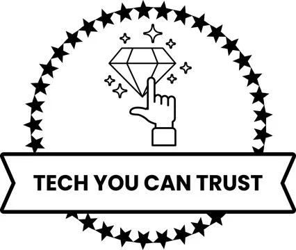 Tech you can trust is a diamond shaped logo with a hand pointing to it 스톡 일러스트