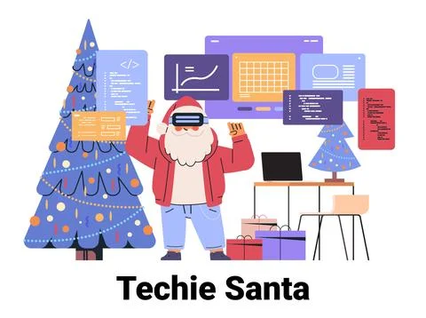 Techie Santa virtual reality coding Christmas scene. Santa in VR headset coding Illustrazione stock